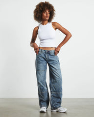 Emison Low Rise Paneled Straight Leg Jeans Faded Stone Wash Blue