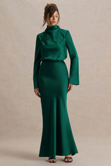 Celina | Bottle Green Satin High-Neck Maxi Dress