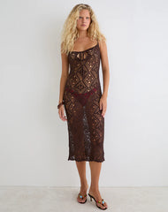 Yasiya Midi Dress in Open Crochet Knit Dark Chocolate