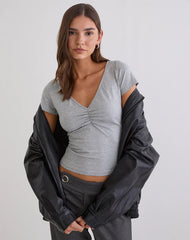 Obanai Short Sleeve V Neck Top in Grey Marl