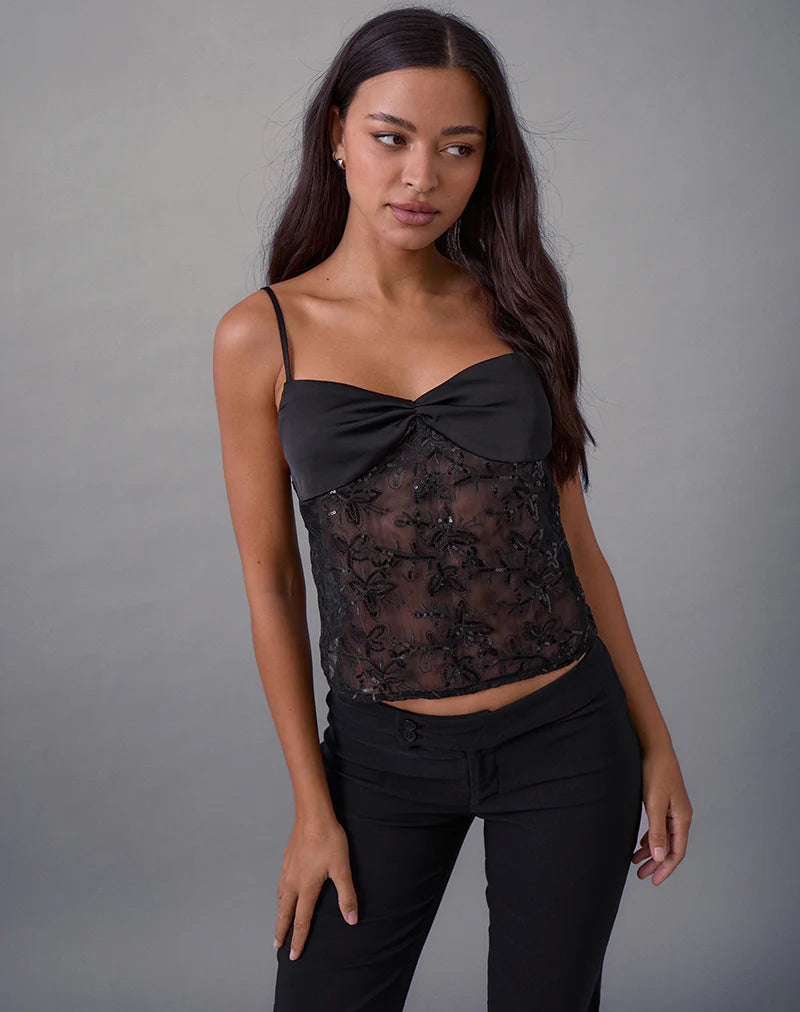 Rikasu Top in Floral Chiffon Sequin Black