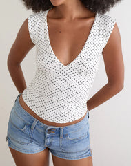 Emberly Plunge Top in White with Micro Polka Black