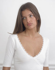 Sajiwa V Neck Top in White with Lace Trim
