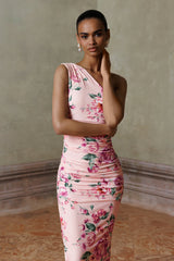 Dalarie | Pink Floral Print One-Shoulder Gathered Maxi Dress