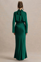 Celina | Bottle Green Satin High-Neck Maxi Dress
