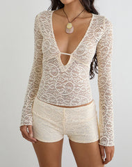 Mahota Deep Plunge Long Sleeve Top in Lace Ivory