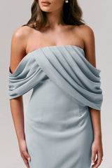 Serene | Powder Blue Draped Bardot Maxi Dress
