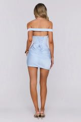Serene Statement Satin Off Shoulder Mini Dress Blue