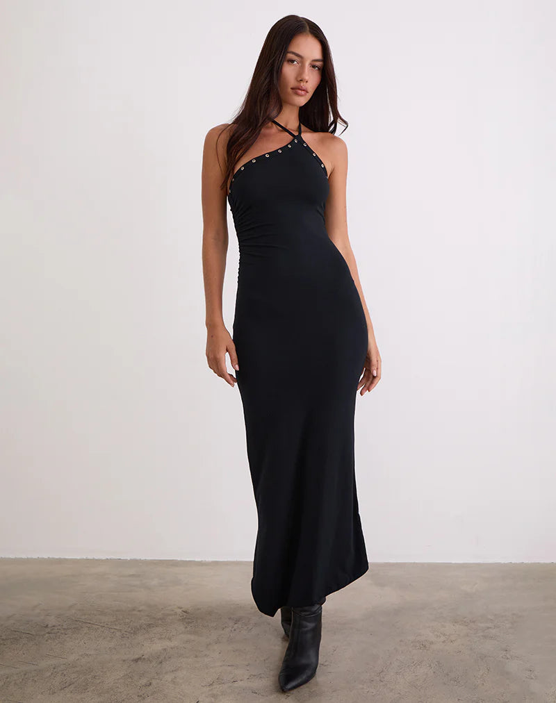 Ishikawa Asymmetrical Maxi Dress with Eyelets in Black