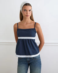 Evren Cami Top in Dark Navy with Lace Trim