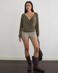 Tricia Plunge Drape Top in Cupro Khaki
