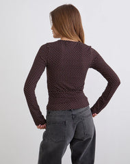 Sheon Long Sleeve Top in Rayon Jersey Brown with Micro Polka Print
