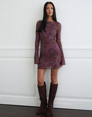 Sevila Long Sleeve Mini Dress in Mesh Blurry Floral Burgundy