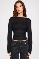 Sheer Jersey Long-Sleeve Backless Top in Black