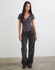 Asena Top in Black Satin Scattered with Pink Polka