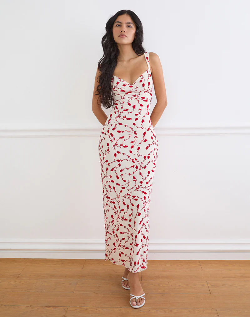 Sitiya Maxi Dress in Cream with Red Leafy Lily Flock