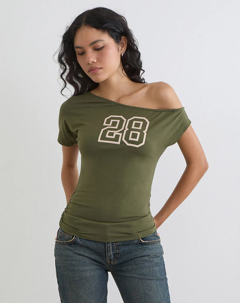 Danama One Shoulder Top in Rayon Jersey Grape with '28' Graphic