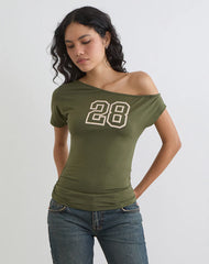 Danama One Shoulder Top in Rayon Jersey Grape with '28' Graphic